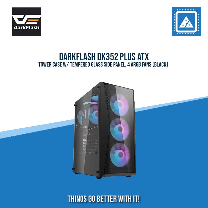 DARKFLASH DK352 PLUS ATX TOWER CASE W/ TEMPERED GLASS SIDE PANEL, 4 ARGB FANS (BLACK) DARKFLASH DK352 PLUS ATX TOWER CASE W/ TEMPERED GLASS SIDE PANEL, 4 ARGB FANS (BLACK)